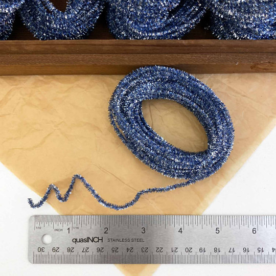 Mini Metallic Wired Tinsel Cord in Ice Blue + Silver ~ 1/8" wide ~ 10 meter length